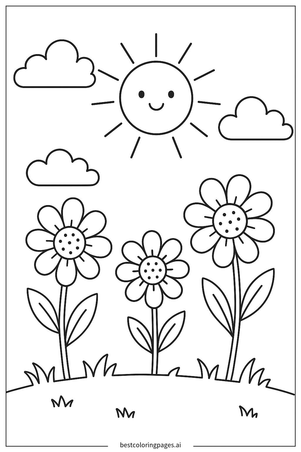 春の草原に輝く太陽 ぬりえ - 無料印刷可能 | BestColoringPages AI
