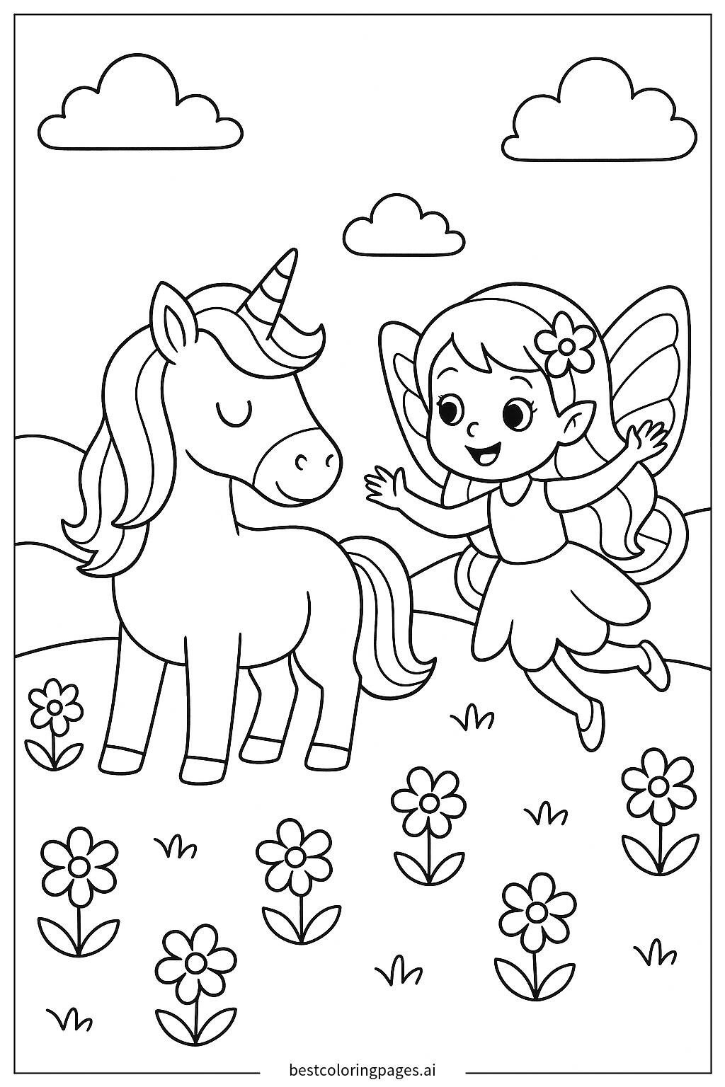 塗り絵 牧草地のユニコーンと妖精 ぬりえ - 無料印刷可能